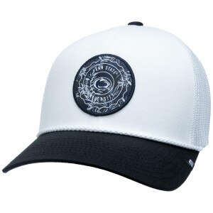white TravisMathew hat with Penn State University patch and navy brim